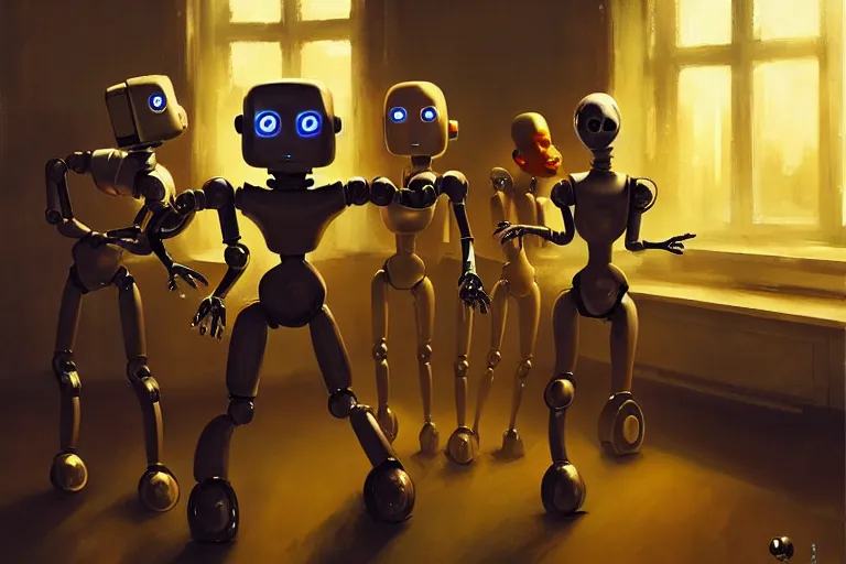 Prompt: robots expressively dancing by otto dix and greg rutkowski and andreas rocha, cinematic lighting, highly detailed, warm colours, 4 k