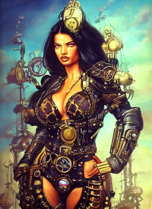 Prompt: front portrait of attractive Adriana Lima as Lady Mechanika hanging from a steampunk airship , Intrincate background with steampunk imagery , D&D!, fantasy style, sharp focus!, ultra detailed, art by Artgerm and Peter Andrew Jones, WLUP