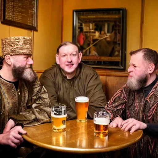 Image similar to the three wise men in period regal clothing in a wetherspoons pub having a pint