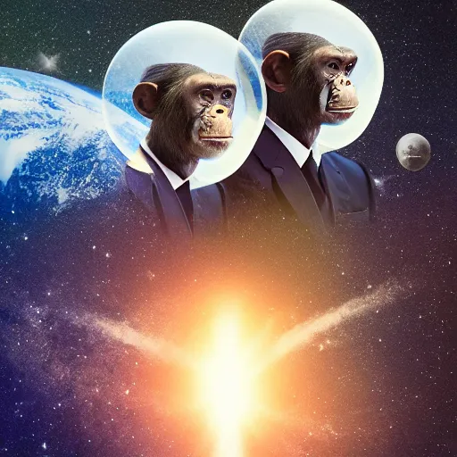 Image similar to double exposure portrait split in the middle, showcasing one astronaut and one chimpanzee in a suit posing with space in the background, pencil art, high definition, dynamic lighting stars, sharpness, golden ratio