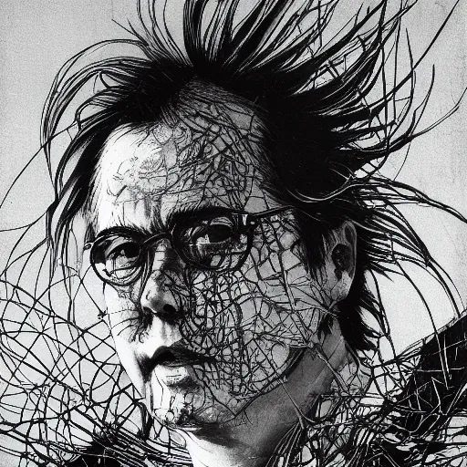 Image similar to Yoshitaka Amano realistic illustration of jeb bush ,hair fluttering in the wind, cracks on his face wearing Elden ring armour with engraving, abstract black and white patterns on the background, noisy film grain effect, highly detailed, Renaissance oil painting, weird portrait angle, blurred lost edges, three quarter view