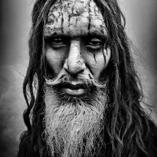 Image similar to 3 5 mm film portrait of strange aghori sadhu covered in ash creature, hyperrealism, photorealistic, detailed, atmospheric, 8 k, award winning photography, cinematic