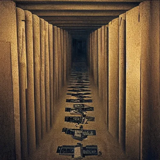 Prompt: “lost in a labyrinth that is Powell’s City of Books. Creepy liminal photo. Hyperrealistic, benchmark resolution photo in the style of Beksinski”