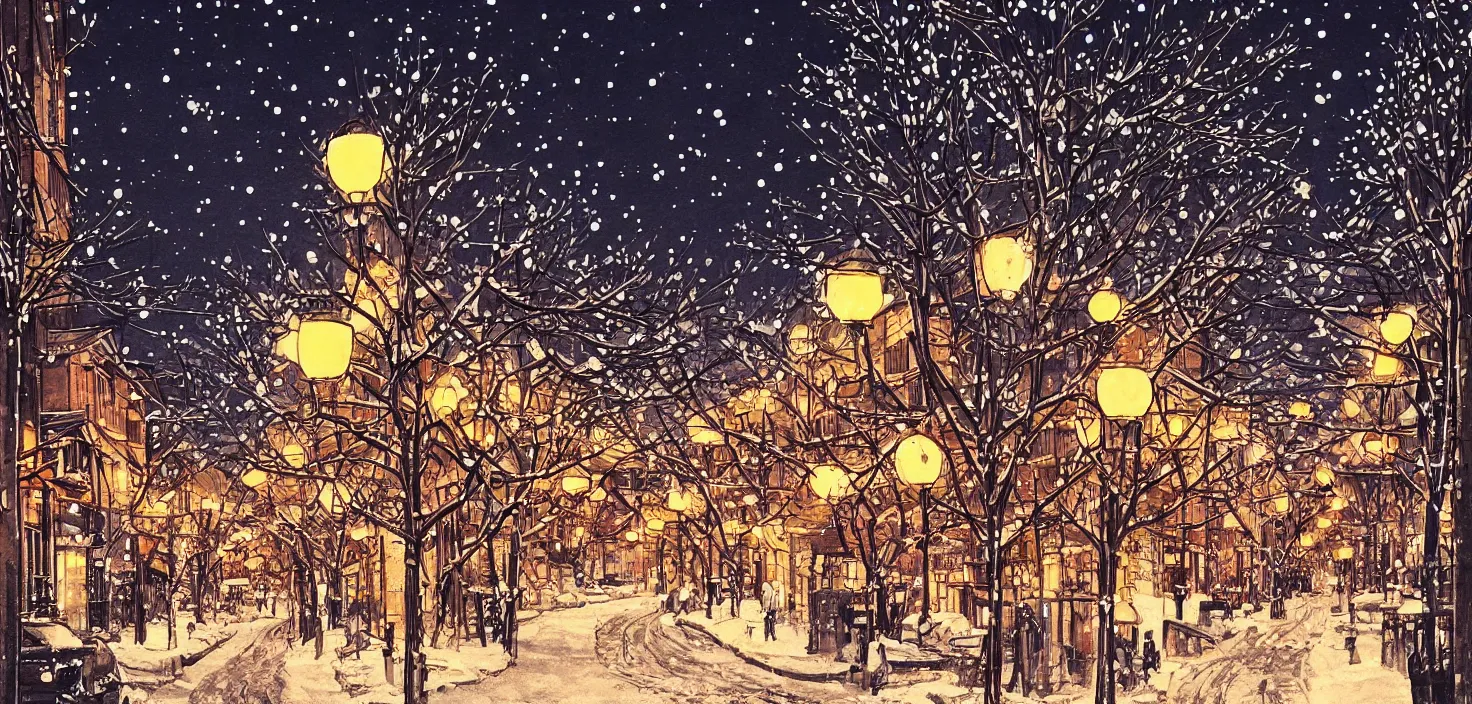 Image similar to beautiful illustration of kyoto streets at night, winter, illuminated by globe street lamps