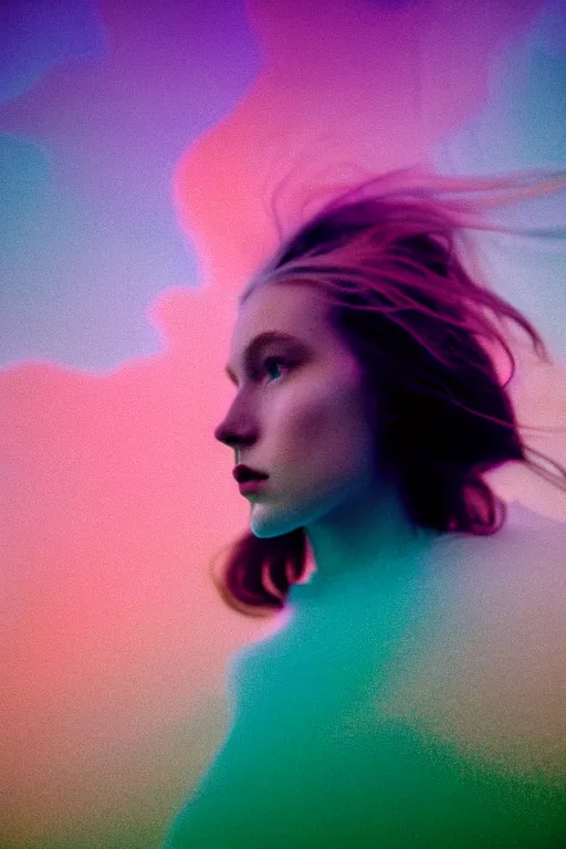 Image similar to high quality pastel coloured film close up wide angle photograph of a model wearing clothing swimming on cloud furniture in a icelandic black rock!! environment in a partially haze filled dreamstate world. three point light, rainbow. photographic production. art directed. pastel colours. volumetric clouds. pastel gradient overlay. waves glitch artefacts. extreme facial clarity. 8 k. filmic.