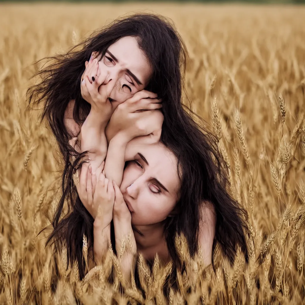 Prompt: A 25 years old Paludnitsa crying in a wheat field. Long black hair, perfect face, beautiful eyes, smooth, sharp focus, vivid colors, highly detailed, digital art, 4k, medium shot.