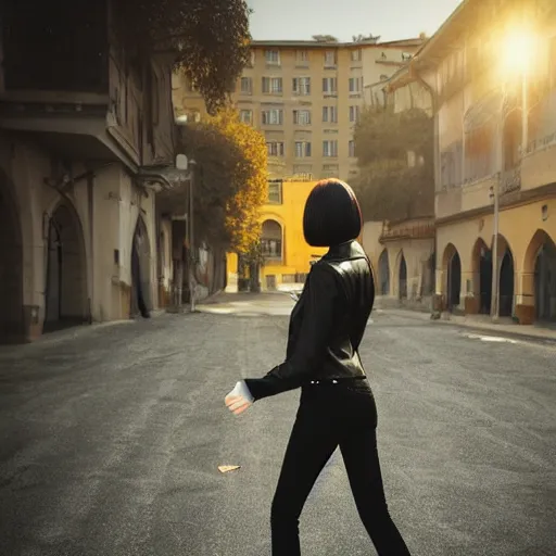 Image similar to 1 7 - year - old pale - skinned anime girl with black long bob cut, long bangs, black gothic jacket, black jeans, running through italian city, yellow sunshine, sepia sun, ultra - realistic, sharp details, subsurface scattering, intricate details, hd anime, 2 0 1 9 anime