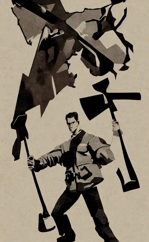 Image similar to propaganda poster jerma holding an axe, 8 k, trending on artstation