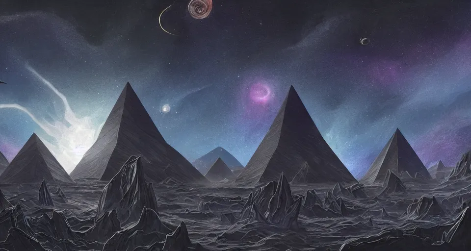 Image similar to black lovecraftian eldritch!! obsidian! large pyramid!! surrounded by black flat ground, cosmic sinister space!, bright stars, nebula, sky background by eugene von guerard, ivan shishkin, night, concept art, trending on artstation, 8 k