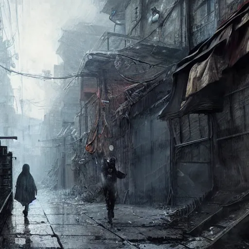 Prompt: sadie sink in oversized hoodie quickly runs by us | a scary robot runs towards us | background : alleyway near decaying tenements. concept art for scifi dystopian film. by nikolay makovsky, bob byerley, wadim kashin, andrea kowch. cinematic moody atmosphere, detailed and intricate, perfect anatomy