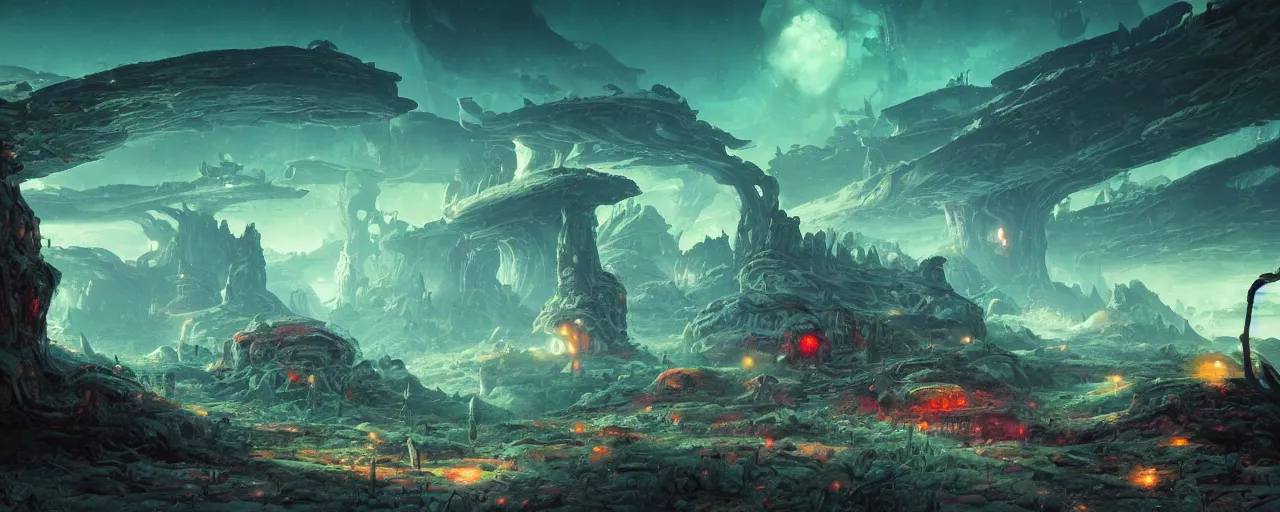 Image similar to ” mysterious and whimsical alien landscape, [ inviting, cinematic, detailed, epic, widescreen, opening, establishing, mattepainting, photorealistic, realistic textures, octane render, art by slop and paul lehr ] ”