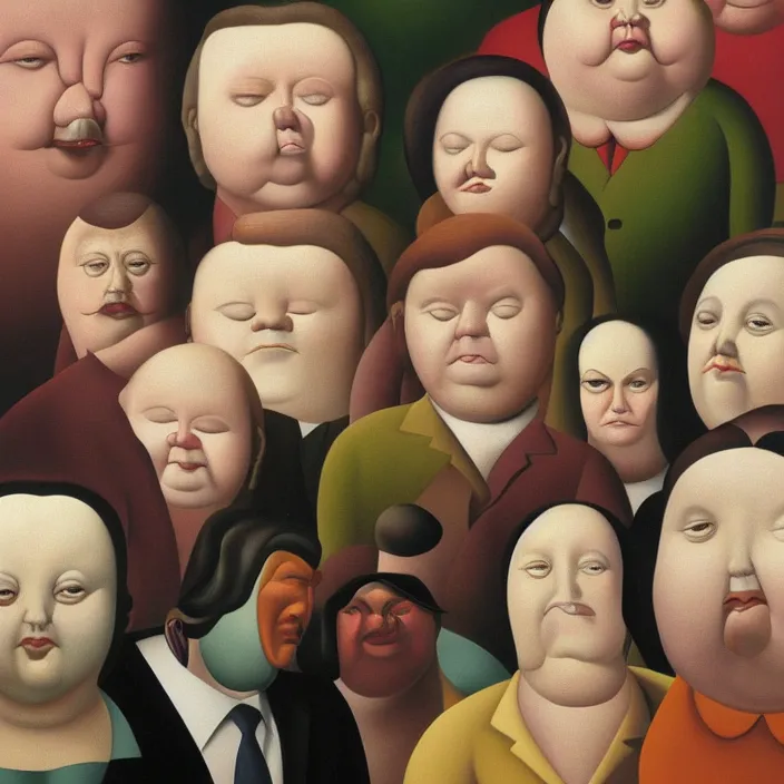 Image similar to group of people pictured in afternoon light, close - up of the faces, anatomically and proportionally correct, surrealist oil painting by botero, dora maar and rene magritte, detailed