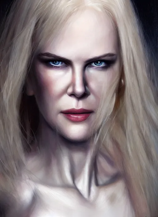 Prompt: girl looks like nicole kidman with pale white skin and long blonde hair, muscular upper body, beautiful highly detailed face, complementary lighting, backlit, black eyeshadow, dark eyes, adventure, dramatic lighting, landscape background, beautiful painting by artgerm and greg rutkowski and raymond swanland