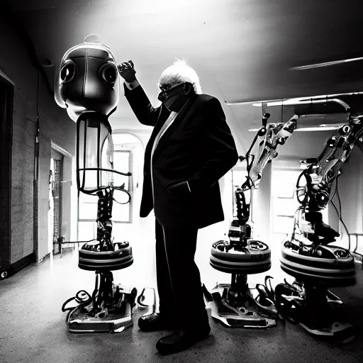Image similar to bernie sanders putting the finishing touches on a magical clockwork doomsday robot, black and white photo, cinematic moody lighting