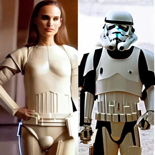 Image similar to natalie portman as a stormtrooper, taking her helmet off, not wearing a helmet, without a helmet on, by cameldeath