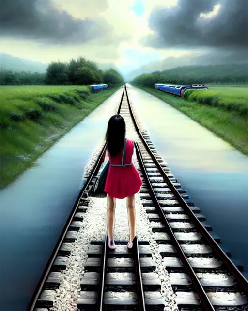 Prompt: shallow reflective water completely covers submerged train tracks as a girl carries her shoes, there is a train station in the distance and large white clouds on a wide horizon, intricate, elegant, highly detailed, digital photo, artstation, concept art, smooth, sharp focus, art by artgerm and greg rutkowski and fra angelico