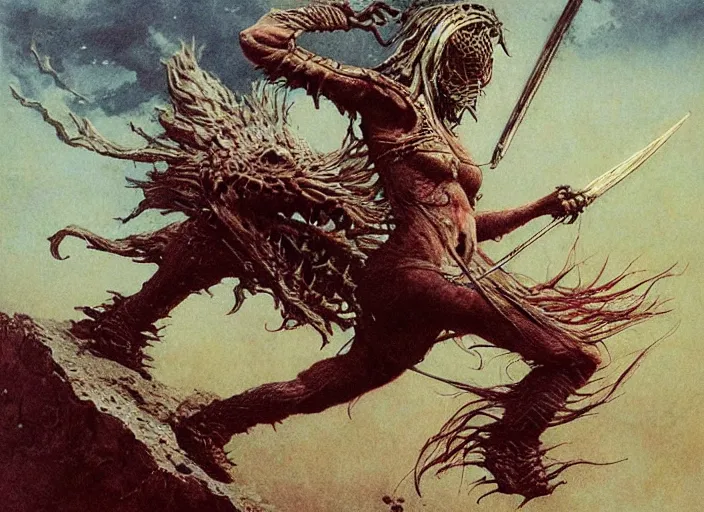 Image similar to ninja girl fighting monsters by Beksinski and Luis Royo