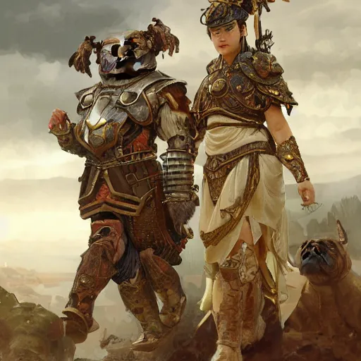 Image similar to group of humanoids with pug heads with stern expressions dressed in armor going to battle english countryside, ssci - fi and fantasy, intricate and very very beautiful and elegant, highly detailed, digital painting, artstation, concept art, smooth and sharp focus, illustration, art by tian zi and wlop and alphonse mucha