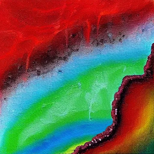 Image similar to the surreal flat painting of an image of a montain dripping rainbow lava artistic by yasemin karabenli