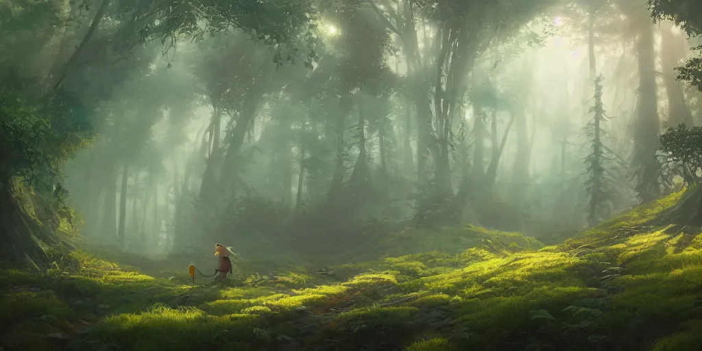 Image similar to a forest, oil painting, cinematic angle, hyperrealistic, volumetric lighting, breathtaking, Studio Ghibli, Dan Mumford, James Jean, octane render, post-processing, epic composition, trending on artstation, masterpiece