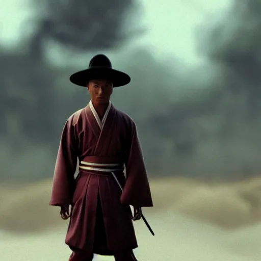 Image similar to cinematic film still Pharrell Williams starring as a Samurai holding fire, Japanese CGI, VFX, 2003, 40mm lens, shallow depth of field,film photography