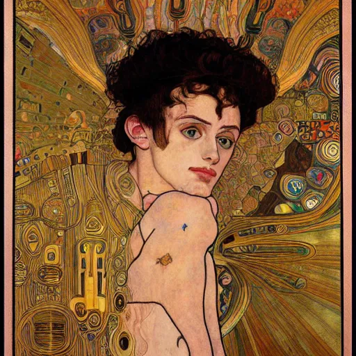 Prompt: transcendential consciousness, contrapposto, egon schiele, gustav klimt, alphonse mucha, retro futurism