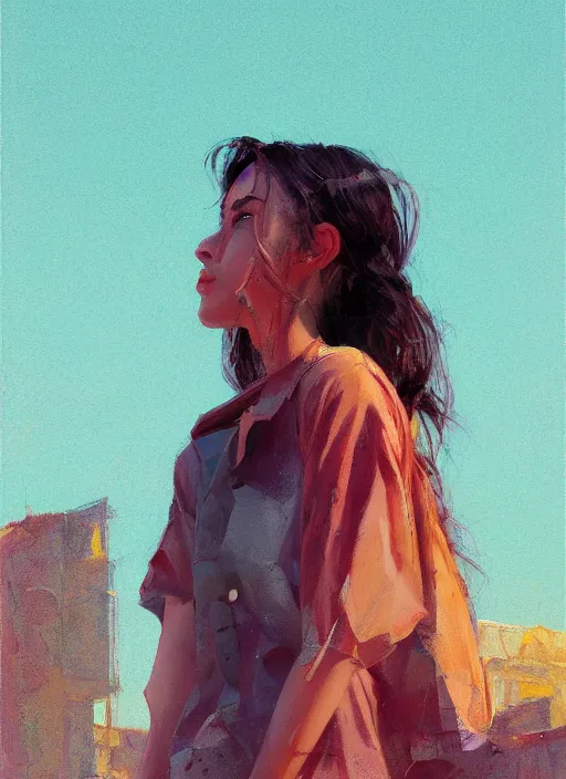 Prompt: digital art of a beautiful girl wearing a shirt standing in front of a ruined apartment complex, desert composition, sunlit, expressive oil painting, by artgerm, by jeremy lipking, anime style, octane render, bright colors, face!!!! close - up