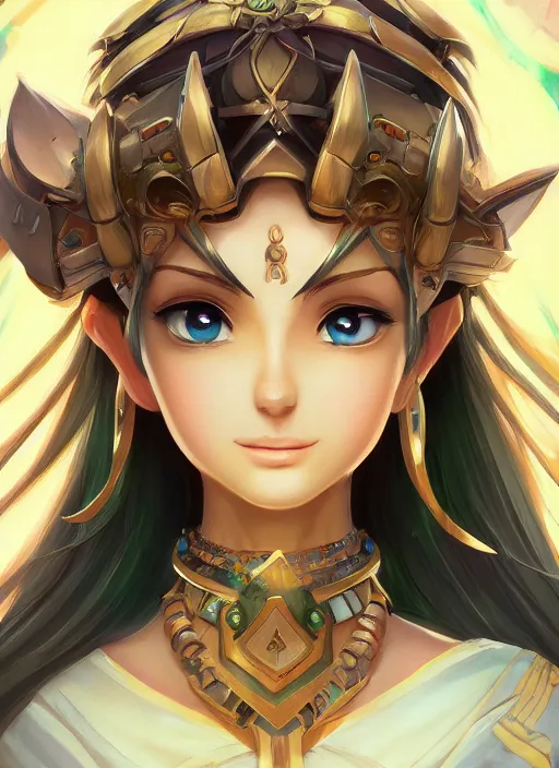 Image similar to portrait, head and torso only, palutena, trending on artstation, concept art, movie poster, fine detail, extremely detailed, sharp focus, smooth, digital illustration, by rossdraws, frank franzzeta, sakimichan, corrected hand, perfect hands