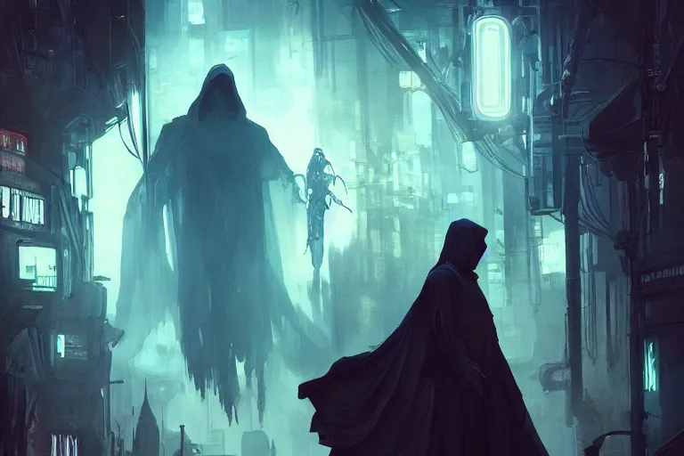 Image similar to Dementor from Harry Potter in cyberpunk, neon lighting, figure in center, digital art from artstation by Ruan Jia and Mandy Jurgens and Artgerm and william-adolphe bouguereau and Greg Rutkowski and Wayne Barlowe