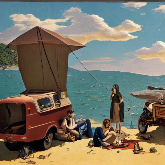 Image similar to Camping with rv by the beach, art nouveau matte painting, highly detailed,