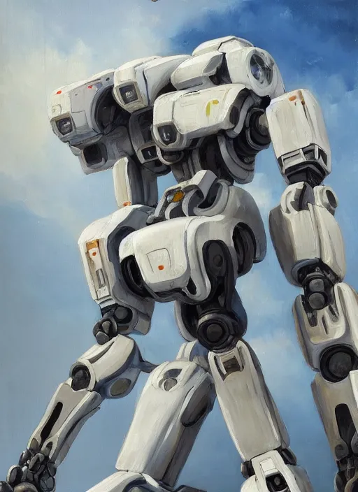Prompt: an intricate oil painting of a giant pristine white mechsuit mecha mech with rounded components and tarpaulin cloak by kallamity, by ian mcque inspired by nier : automata, clean white lab background