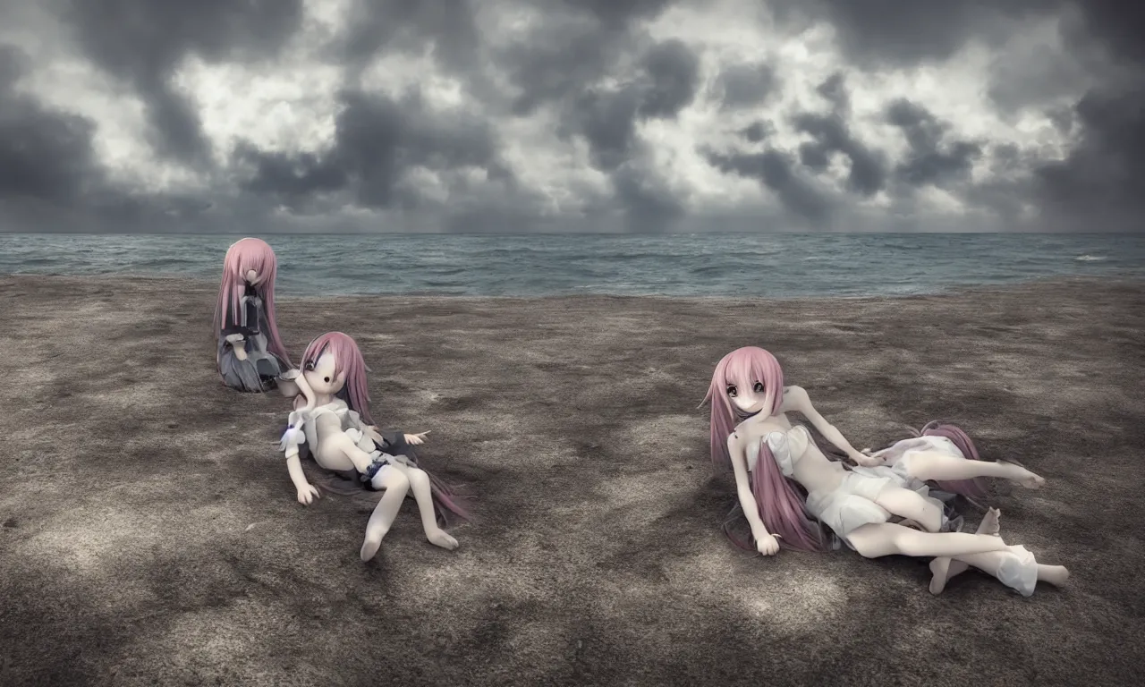 Prompt: cute fumo plush girl enigmatic gothic maiden anime girl on an abandoned island surrounded by the sea, marine beach seascape, storm clouds in the distance, vignette, vray