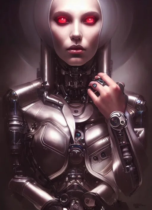 Image similar to a hauntingly beautiful cybernetic woman, painted by artgerm and tom bagshaw, fantasy art, dramatic lighting, highly detailed oil painting