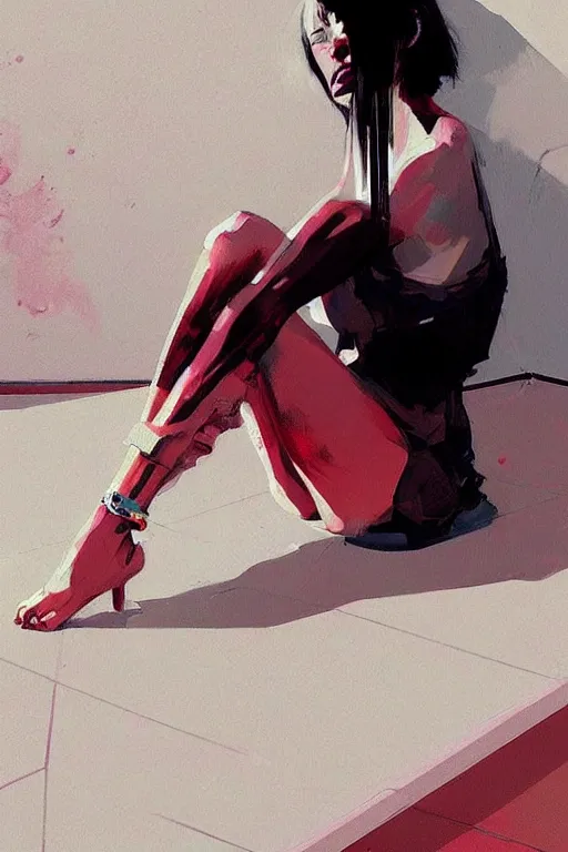 Prompt: a ultradetailed beautiful painting of a stylish woman sitting on the floor of a tiled room, by greg rutkowski, conrad roset, and ilya kuvshinov trending on artstation