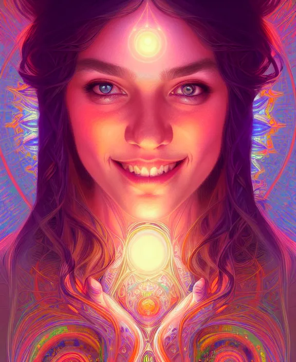 Image similar to symmetry!! portrait of hippie girl smiling, glowing lights!! psychedelic, intricate, elegant, highly detailed, digital painting, artstation, concept art, smooth, sharp focus, illustration, art by artgerm and greg rutkowski and alphonse mucha, 8 k