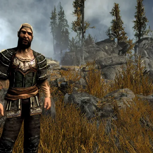 Image similar to character screenshot of ufc commentator john anik dc in skyrim, mage armor, npc talking, wilderness, 1 0 8 0 p, bokeh, elder scrolls v, detailed, dialog text