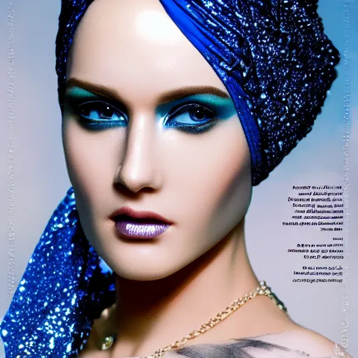 Prompt: beautiful extreme closeup frontpage of blue turban fashion magazine portrait photo of replicant, highly detailed