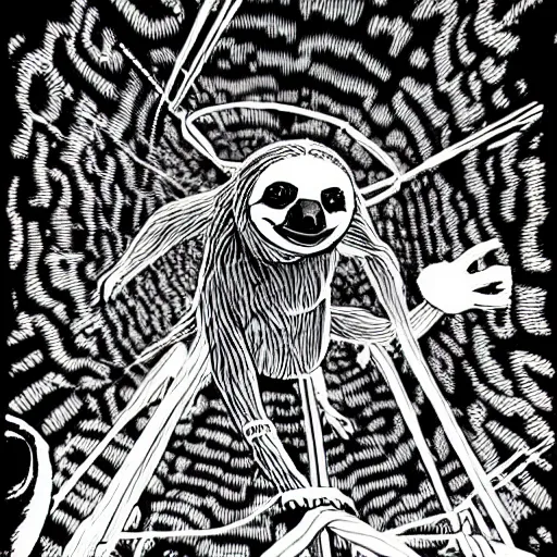 Prompt: black and white trippy comic art of a sloth riding a merry go round, lots of particles, drawn by Martin Rowson, Tim Burton, Studio Ghibli, Alex Pardee, Nekro Petros Afshar, James McDermott, cgsociety 4K