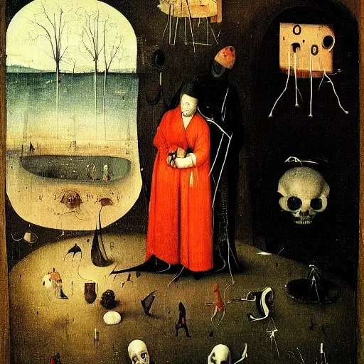 Prompt: anxiety. depression. sadness. horror. fear. deep color contrast. 4k. art by Hieronymus Bosch
