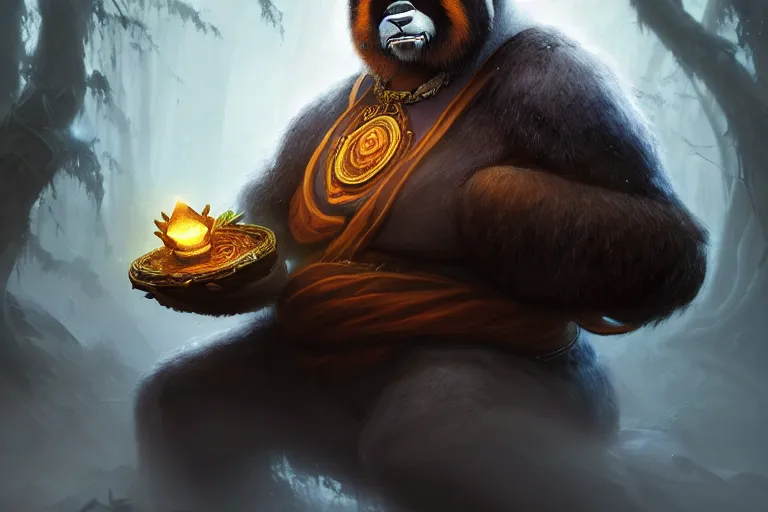 Image similar to < important > amazing portrait of the pandaren monk of the forest < / important >, hearthstone splash art, deiv calviz, splash art, natural light, elegant, intricate, fantasy, atmospheric lighting, by greg rutkowski, hearthstone splash art, hd wallpaper, ultra high details