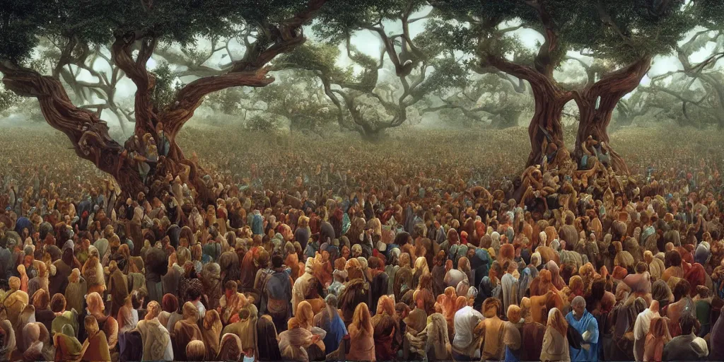 Image similar to crowd mourning for the death of the tree of life Michael Whelan by Jeff Easley photorealistic by Edmonia Lewis, cinematic, coherent, realistic faces, clear, detailed, intricate, dramatic lighting, establishing shot, 8k resolution