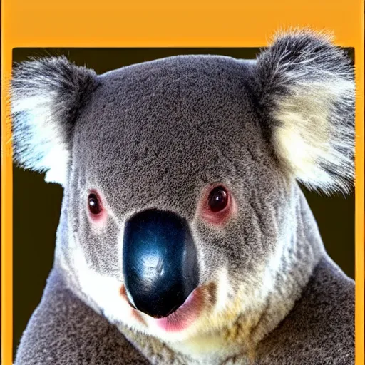 Prompt: Koala Bear, human facial features, fumanchu stache, fearsome stare