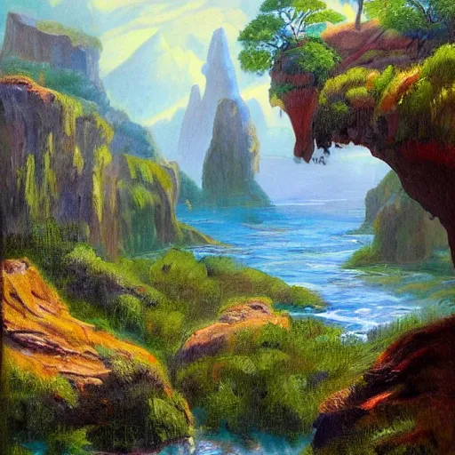 Image similar to painting of a lush natural scene on an alien planet by igor grabar. beautiful landscape. weird vegetation. cliffs and water.