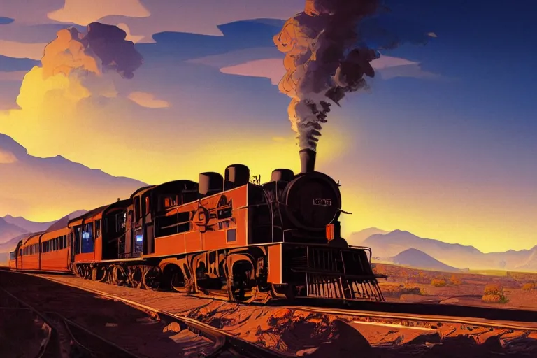 Image similar to idyllic old western train station illustration by syd mead, artstation, 4 k, graphic novel, concept art, matte painting, steam engine spewing billowy clouds of steam, beautiful mountain desert sunset background, golden hour