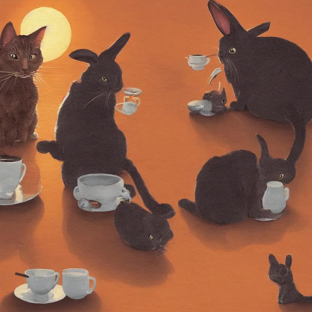 Image similar to a cat and a rabbit sit and drink coffee in the sunset