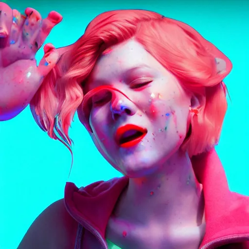 Image similar to born again christian tiktok influencer eating melting crayons and winking to their followers, in the style of james jean, artstation trending, 8 k, 3 d render, photorealistic, volumetric lighting caustics, pink