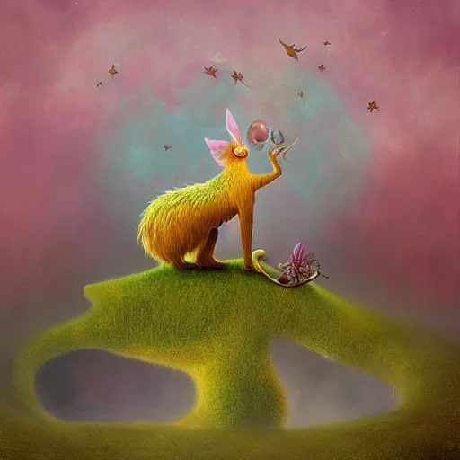 Prompt: surreal hybrid animals, nostalgia for a fairytale, magic realism, flowerpunk, mysterious vivid colors by andy kehoe and amanda clarke en un mundo de Gediminas Pranckevicius