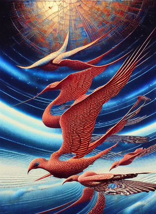 Prompt: detailed image of birds flying in the universe ocean by Ayami Kojima, Amano, Karol Bak, Greg Hildebrandt, and Mark Brooks, rich deep universe colors. Beksinski painting, part by Adrian Ghenie and Gerhard Richter. art by Takato Yamamoto. masterpiece . intricate artwork by Tooth Wu and wlop and beeple, greg rutkowski, very coherent symmetrical artwork, cinematic, hyper realism, high detail, octane render, unreal engine, 8k, Vibrant colors, Smooth gradients, High contrast, depth of field. by Katsuhiro Otomo, full body character drawing, inspired by Evangeleon, clean ink detailed line drawing, intricate detail, extremely detailed. painting by Arthur Rackham, Eugene de Blaas, Frederic Leighton