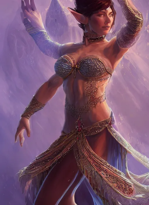 Prompt: a highly detailed illustration of Evangeline Lilly as an elegant elf arabian dancer, gracefully belly dancing pose, intricate, elegant, highly detailed, centered, digital painting, artstation, concept art, smooth, sharp focus, league of legends concept art, WLOP