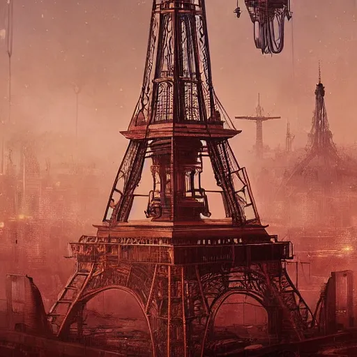 Image similar to a steampunk eiffel tower in heaven, steampunk dirty world, by wlop, greg rutkowski and beeple